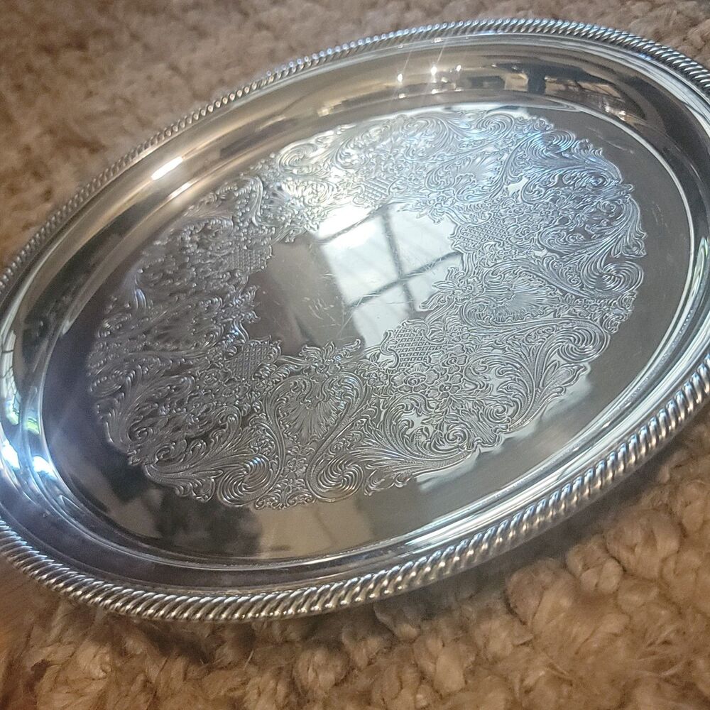 Victorian Silver Plate Tray Fine Vintage Castleton Round 10" Ornate Etch & Rim